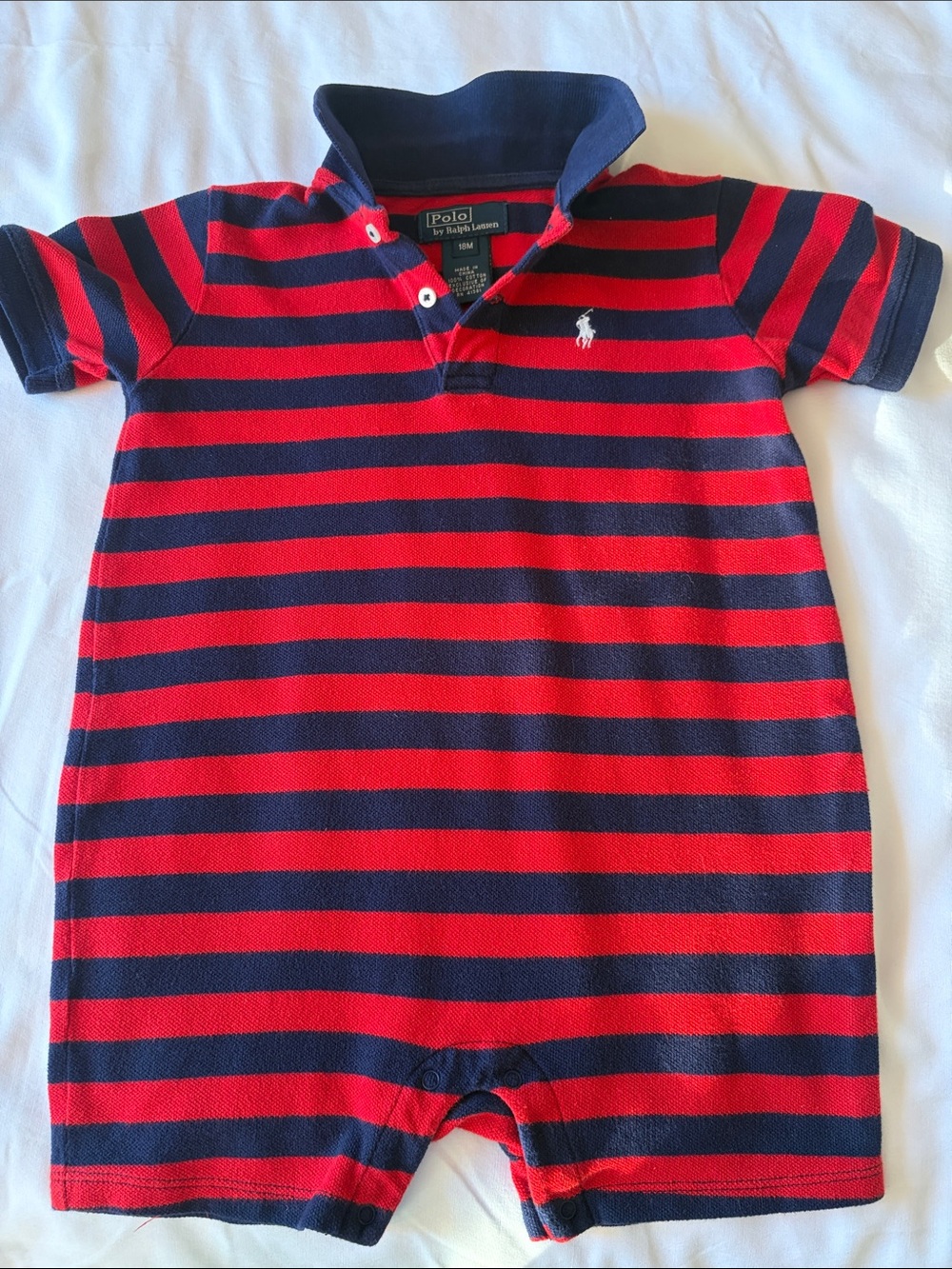 Polo by Ralph Lauren Red & Navy Striped Cotton Baby One-Piece